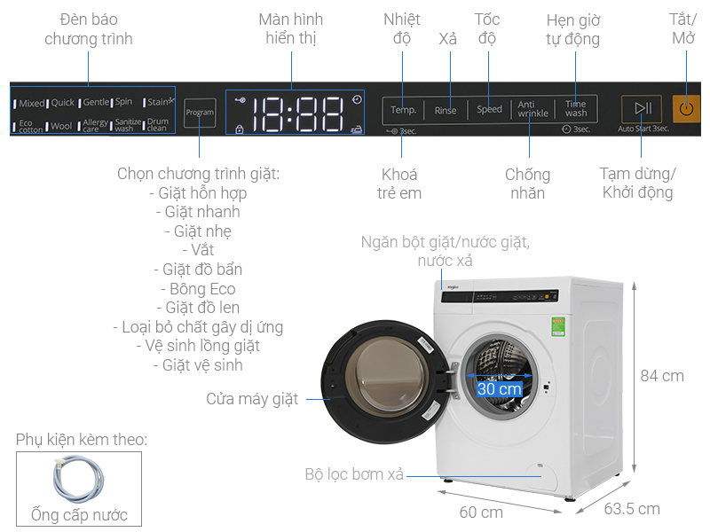 Máy giặt Whirlpool Inverter 10.5 kg FWEB10502FW